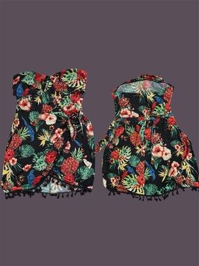 VENUS Black Tropical Floral Strapless dress with Red & Green Print Large and fun